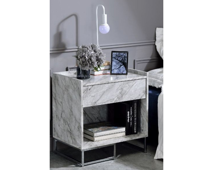 ACME - Azrael Accent Table in White Printed Faux Marble/Chrome