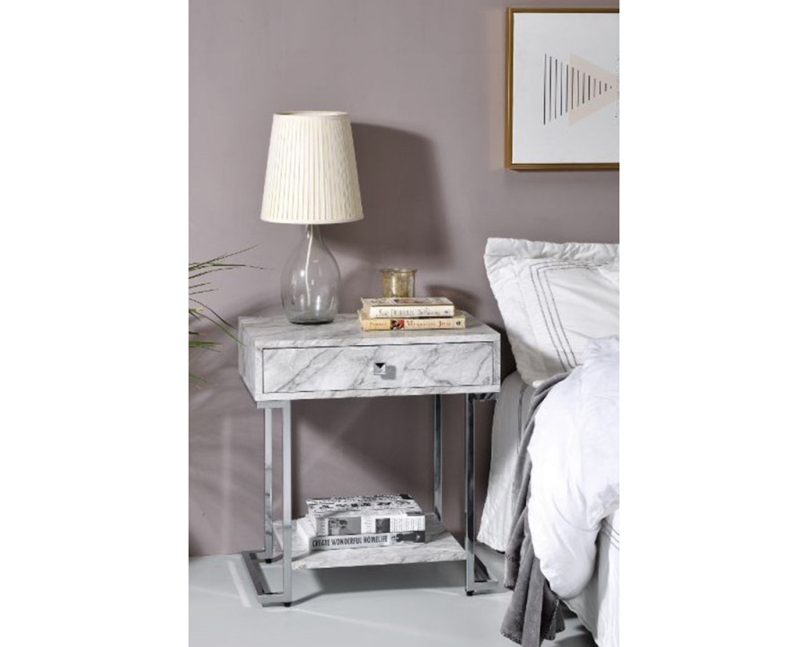 ACME - Wither Accent Table in White Faux Marble Top/Chrome