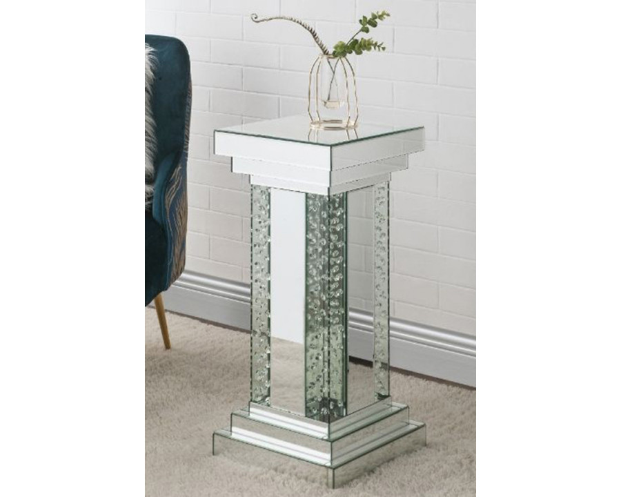 ACME - Nysa Pedestal Stand in Mirrored/Faux Crystals Inlay