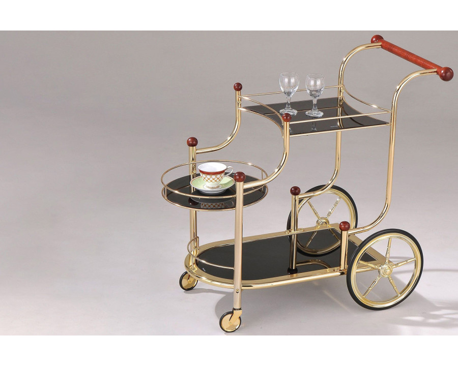 ACME - Lacy Serving Cart in Black Glass/Gold Plated