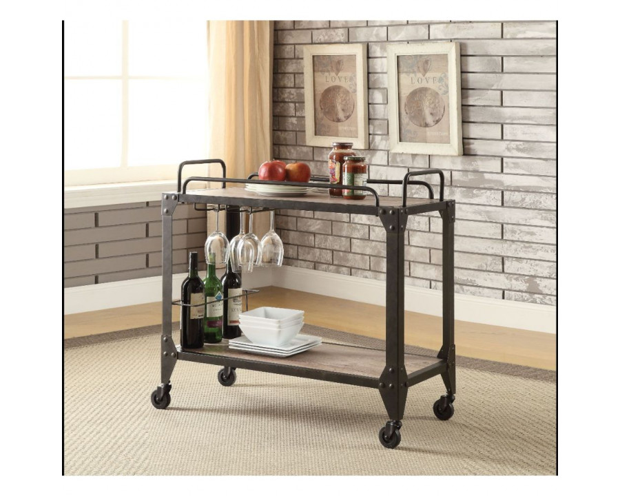 ACME - Caitlin Serving Cart in Rustic Oak/Black