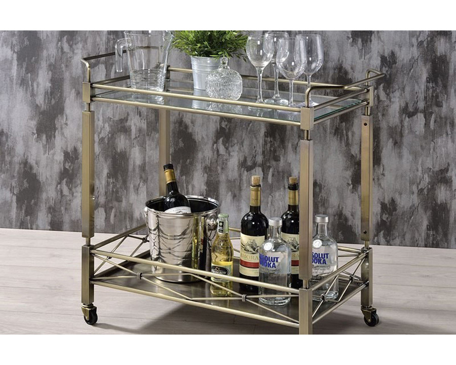 ACME - Matiesen Serving Cart in Clear Glass/Antique Gold