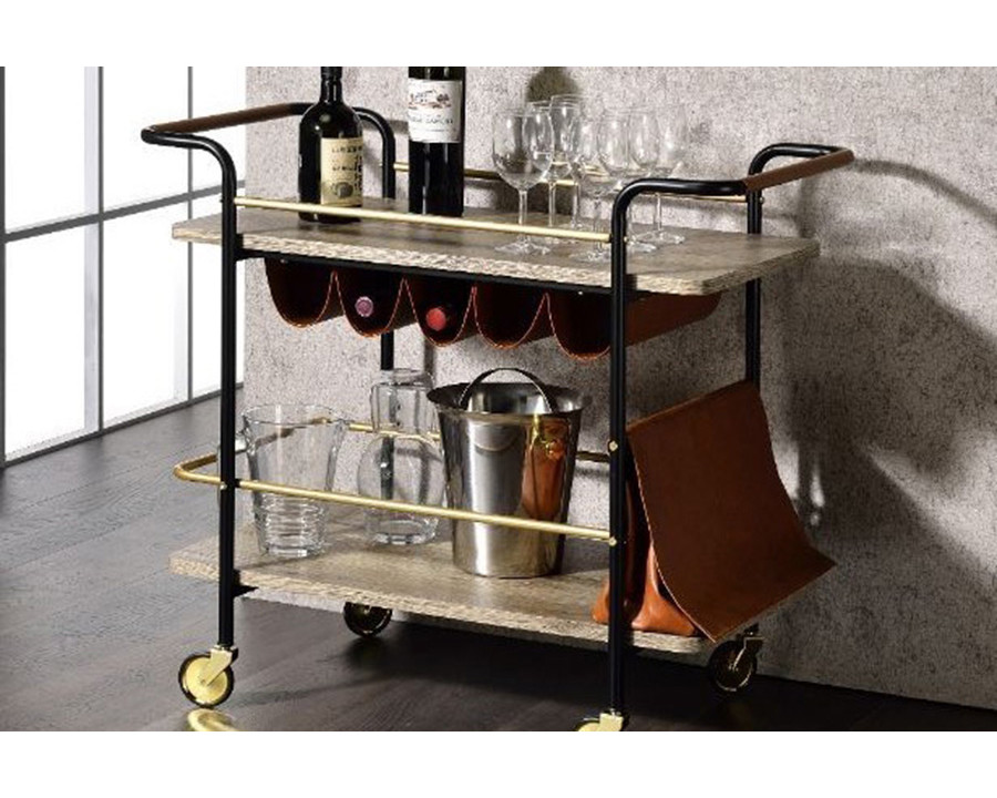 ACME - Naude Serving Cart in Natural/Gold/Black