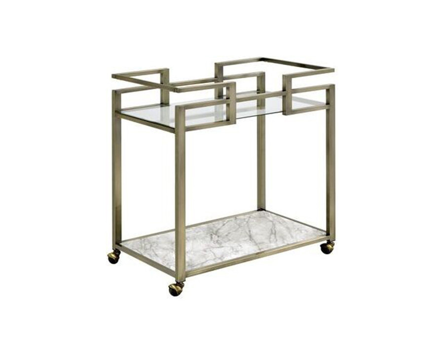 ACME - Neilo Serving Cart in Clear Glass/Faux Marble Top/Wire Brass