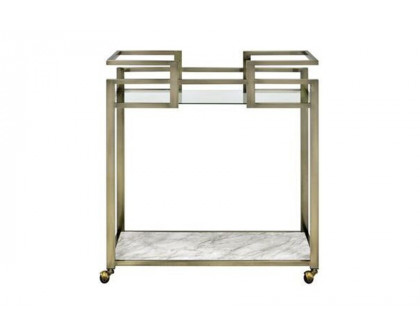 ACME - Neilo Serving Cart in Clear Glass/Faux Marble Top/Wire Brass