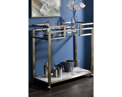 ACME - Neilo Serving Cart in Clear Glass/Faux Marble Top/Wire Brass