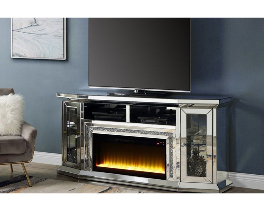 ACME - Noralie TV Stand with Fireplace & Led in Mirrored/Faux Diamonds (AC00517)