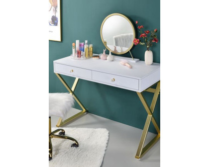 ACME Coleen Vanity Desk with Mirror & Jewelry Tray - White/Gold