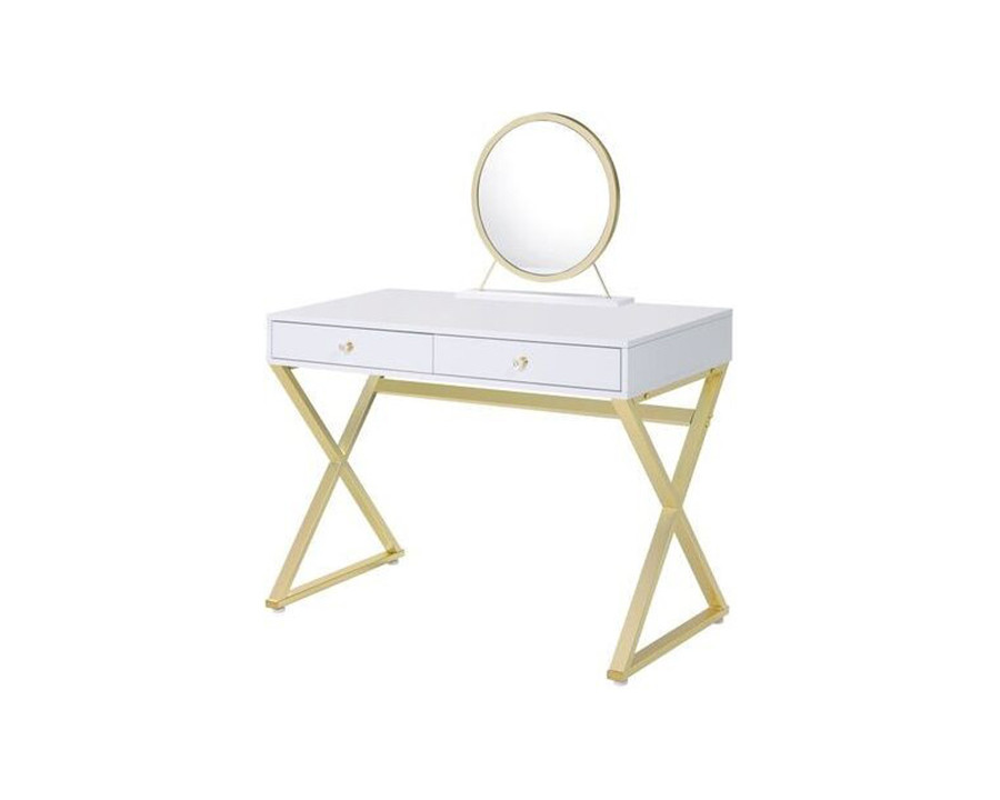 ACME Coleen Vanity Desk with Mirror & Jewelry Tray - White/Gold