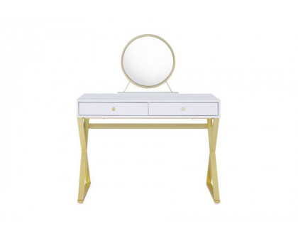 ACME Coleen Vanity Desk with Mirror & Jewelry Tray - White/Gold