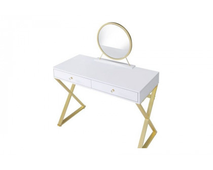 ACME Coleen Vanity Desk with Mirror & Jewelry Tray - White/Gold