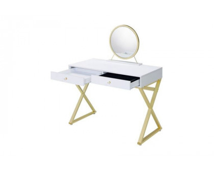 ACME Coleen Vanity Desk with Mirror & Jewelry Tray - White/Gold