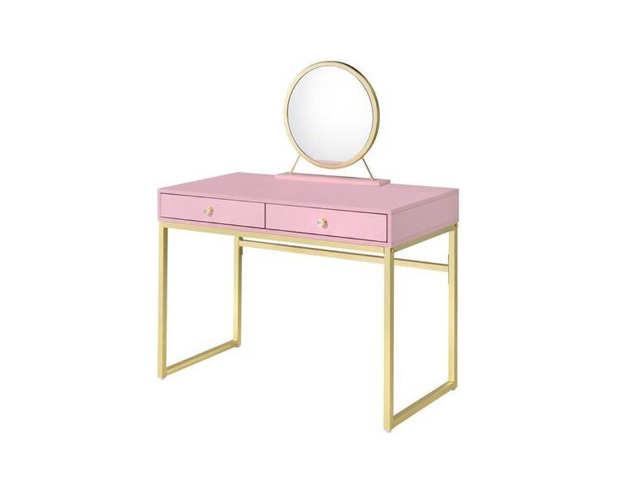 ACME Coleen Vanity Desk with Mirror & Jewelry Tray - Pink/Gold