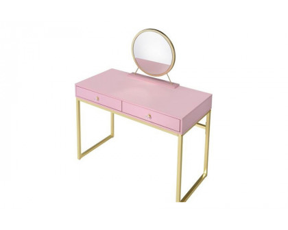 ACME Coleen Vanity Desk with Mirror & Jewelry Tray - Pink/Gold