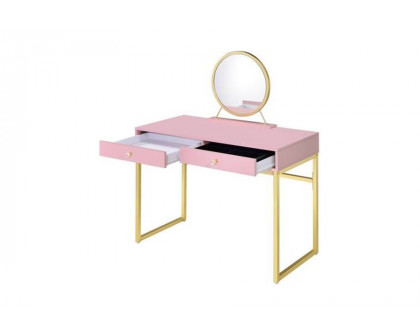 ACME Coleen Vanity Desk with Mirror & Jewelry Tray - Pink/Gold