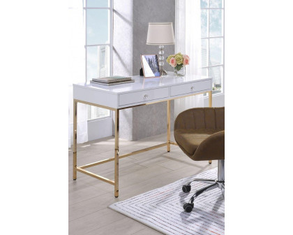 ACME - Ottey Vanity Desk (Same 92540) in White High Gloss/Gold