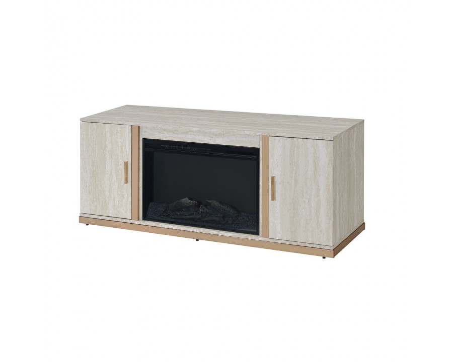 ACME - Vanna Console Cabinet with Fireplace in Stone Print/Gold