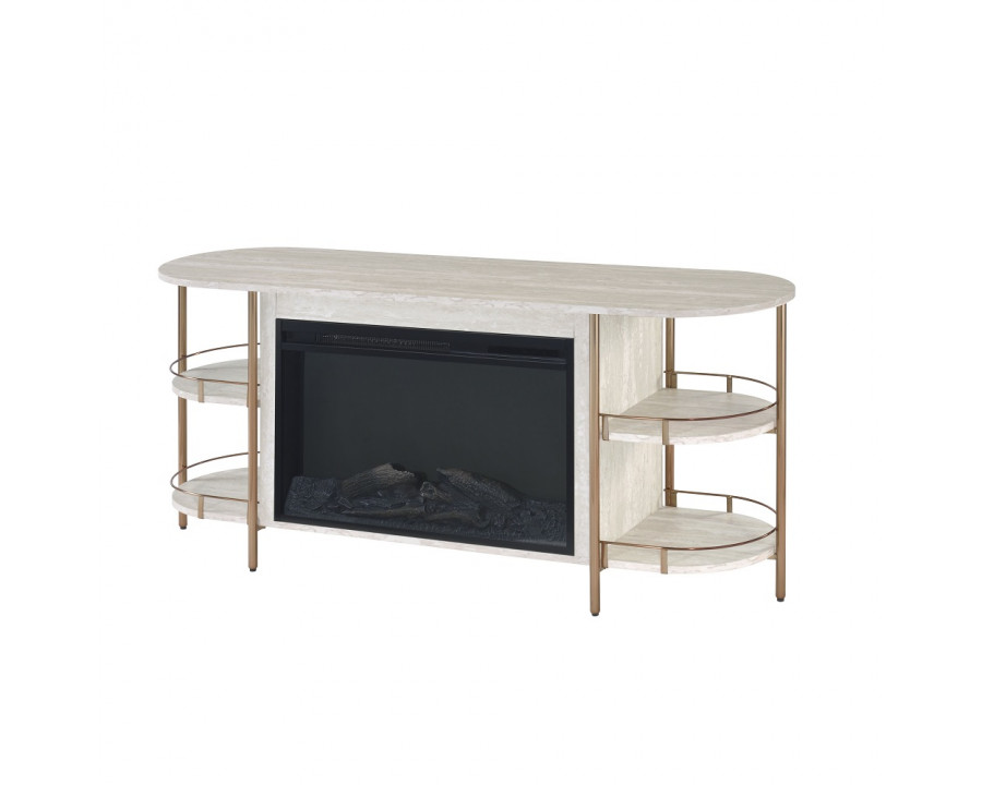 ACME - Valene Console Table with Fireplace in Stone Print Gold