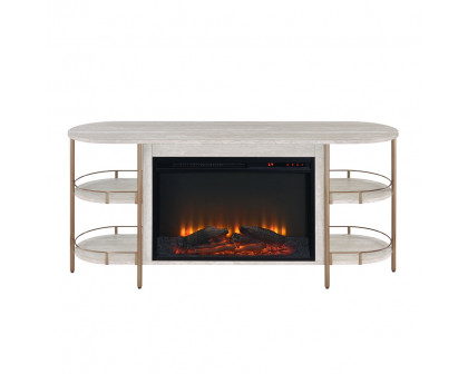 ACME - Valene Console Table with Fireplace in Stone Print Gold