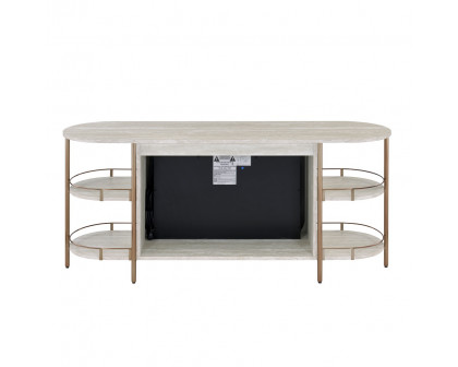 ACME - Valene Console Table with Fireplace in Stone Print Gold