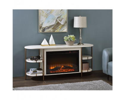 ACME - Valene Console Table with Fireplace in Stone Print Gold