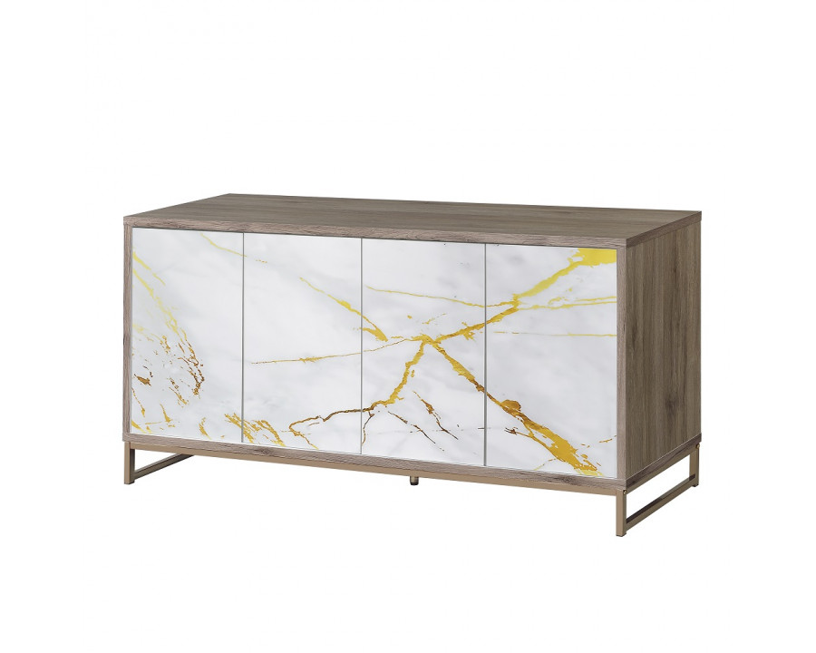 ACME - Paavan Console Cabinet in White Marble Print Oak/Champagne