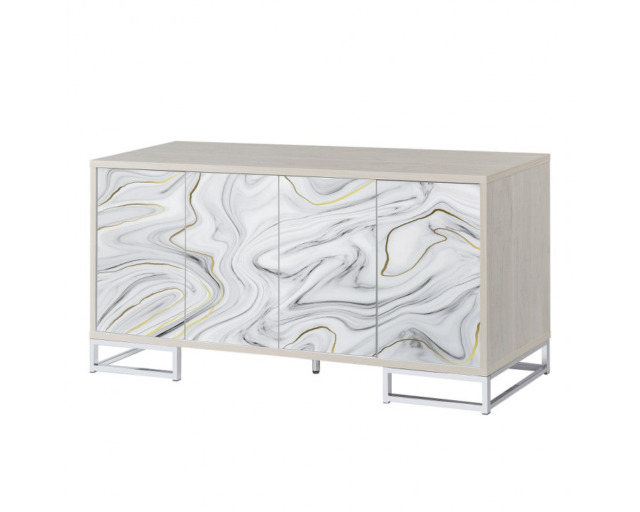 ACME Panos Console Cabinet - White Marble Print/Chrome