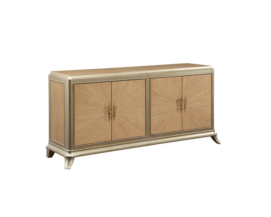 ACME - Dodie Console Cabinet in Natural Oak Sunburst Pattern/Taupe Champaign