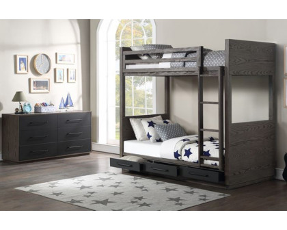 ACME - Estevon Twin/Twin Bunk Bed with Storage in Gray Oak