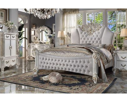 ACME Vendom Bed - Two Tone Ivory Fabric and Antique Pearl Finish, California King Size