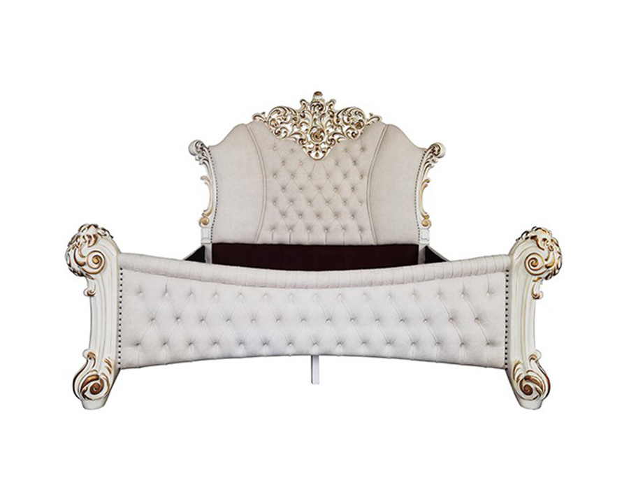 ACME Vendom Bed - Two Tone Ivory Fabric and Antique Pearl Finish, California King Size