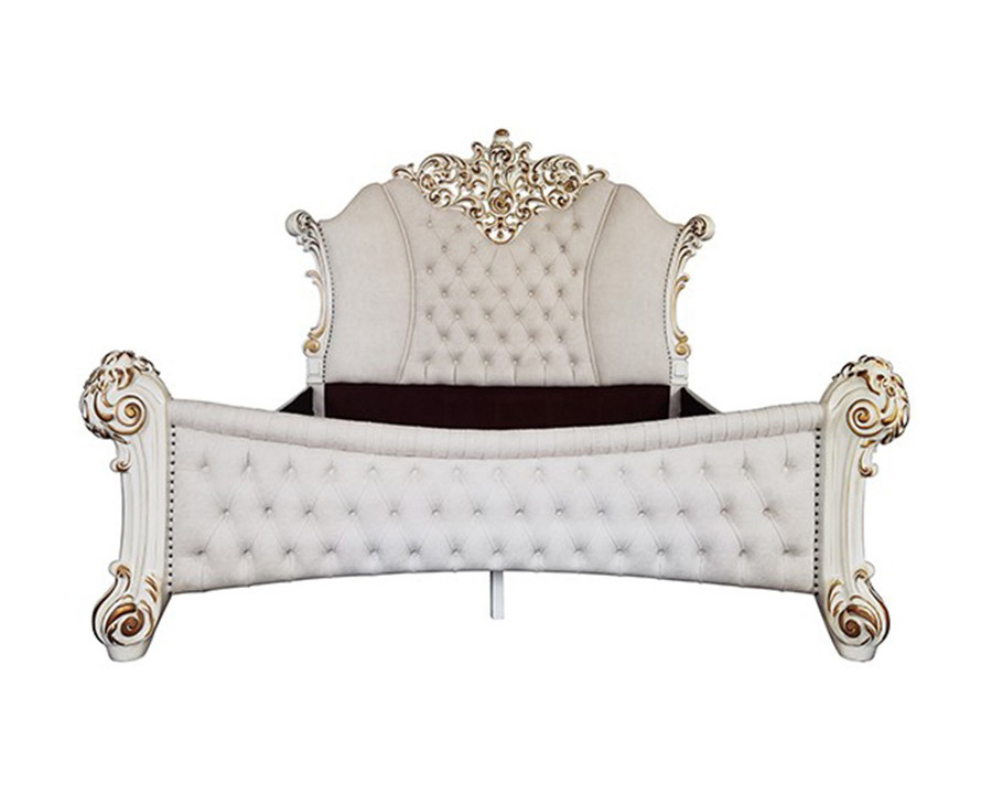 ACME Vendom Bed - Two Tone Ivory Fabric and Antique Pearl Finish, Eastern King Size