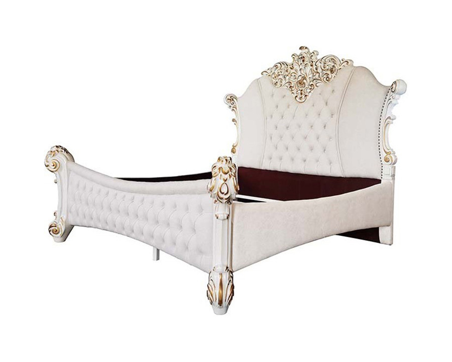 ACME Vendom Bed - Two Tone Ivory Fabric and Antique Pearl Finish, Queen Size