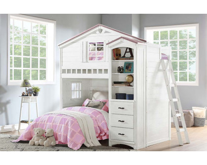 ACME Tree House Twin Loft Bed - Pink and White Finish