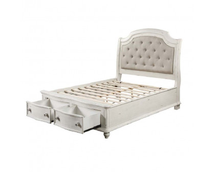 ACME Jaqueline EK Bed with Storage - Gray Linen/Antique White