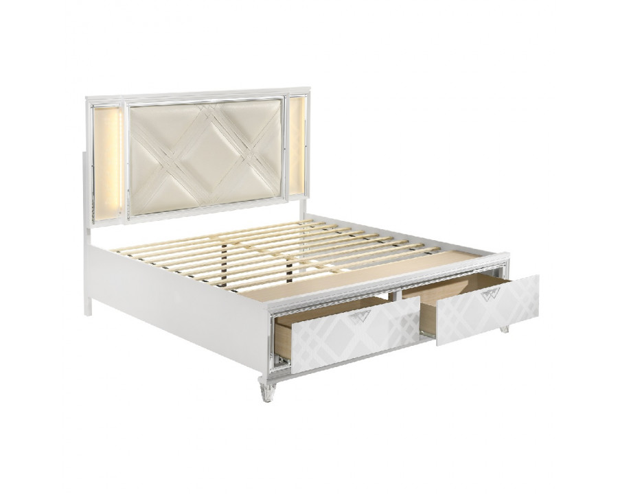 ACME Skylar EK Bed with Led & Storage - Synthetic/Pearl White