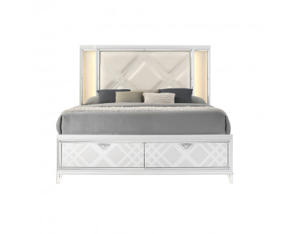 ACME Skylar EK Bed with Led & Storage - Synthetic/Pearl White