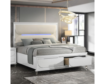 ACME Tarian CK Bed with Led & Storage - White Boucle/Pearl White