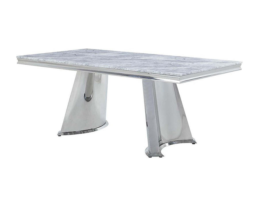 ACME - Destry Dining Table with Engineering Stone Top & Pedestal Base in Engineering Stone Top/Mirrored Silver