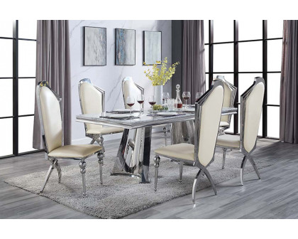 ACME - Destry Dining Table with Engineering Stone Top & Pedestal Base in Engineering Stone Top/Mirrored Silver