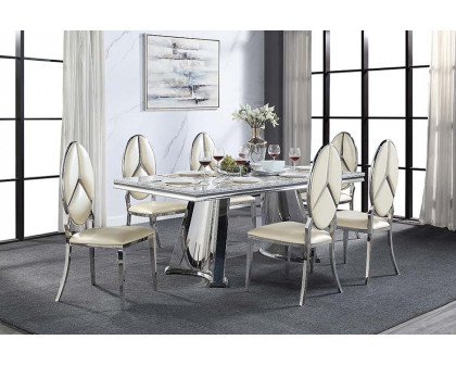 ACME - Destry Dining Table with Engineering Stone Top & Pedestal Base in Engineering Stone Top/Mirrored Silver