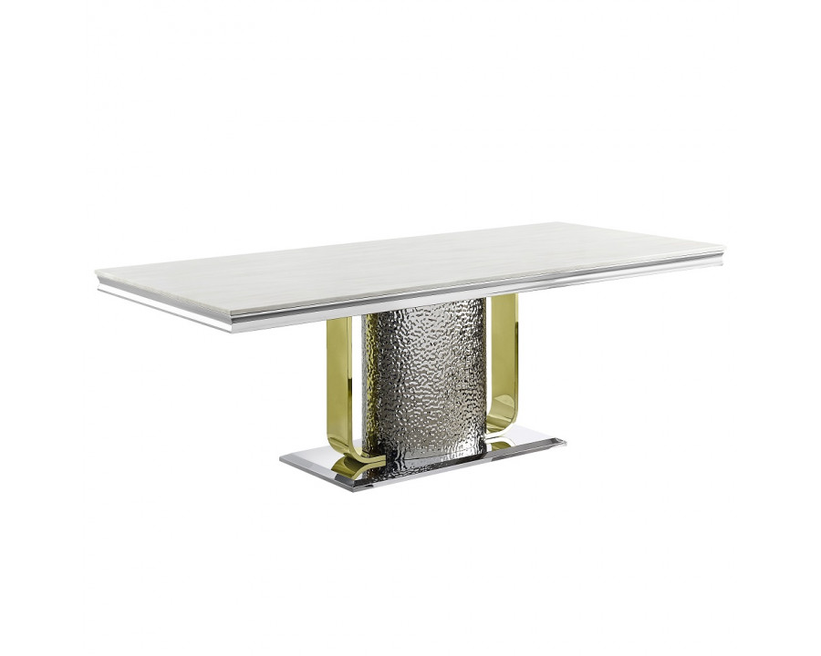 ACME - Fadri Dining Table with Engineering Stone Top & Pedestal Base in Engineered Stone Top/Mirrored Silver/Gold