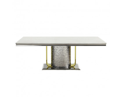 ACME - Fadri Dining Table with Engineering Stone Top & Pedestal Base in Engineered Stone Top/Mirrored Silver/Gold