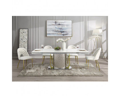 ACME - Fadri Dining Table with Engineering Stone Top & Pedestal Base in Engineered Stone Top/Mirrored Silver/Gold