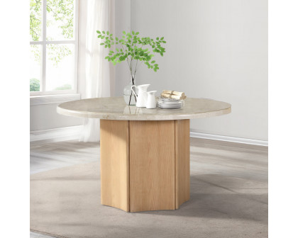 ACME - Qwin Round Dining Table with Marble Top in Gray Weathered Gray Oak