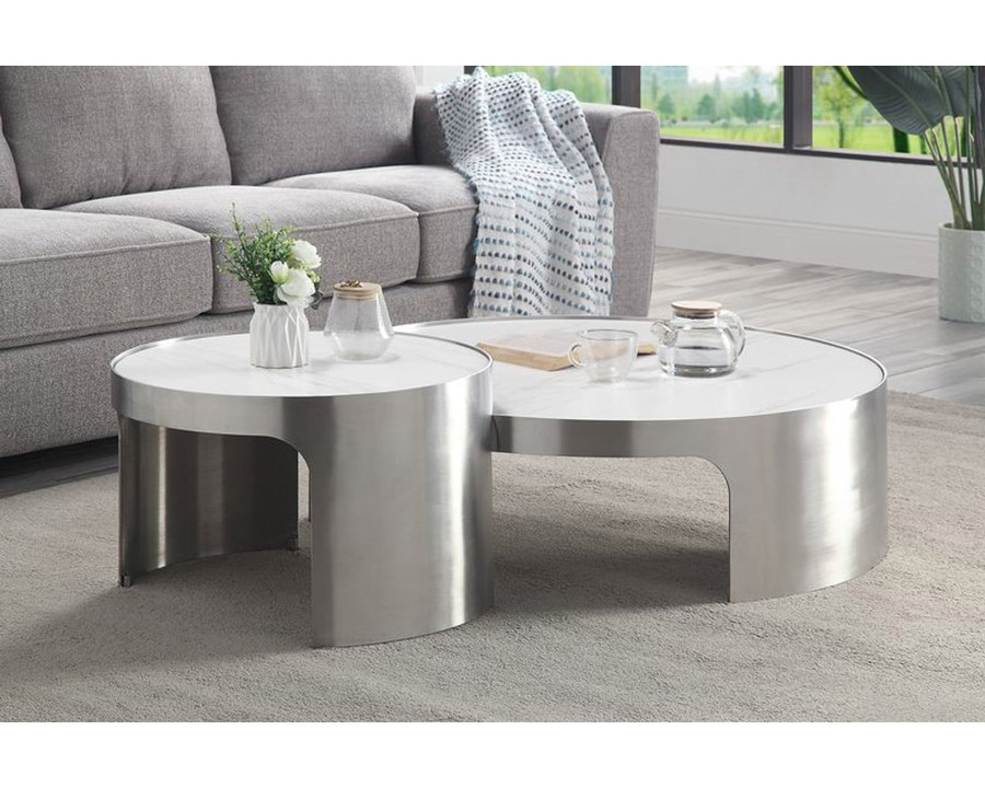 ACME - Abilene Nesting Coffee Table Set in Marble Top/Brush Silver