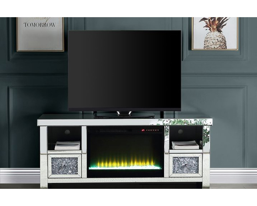 ACME - Noralie TV Stand with Fireplace in Mirrored/Faux Diamonds (LV00313)