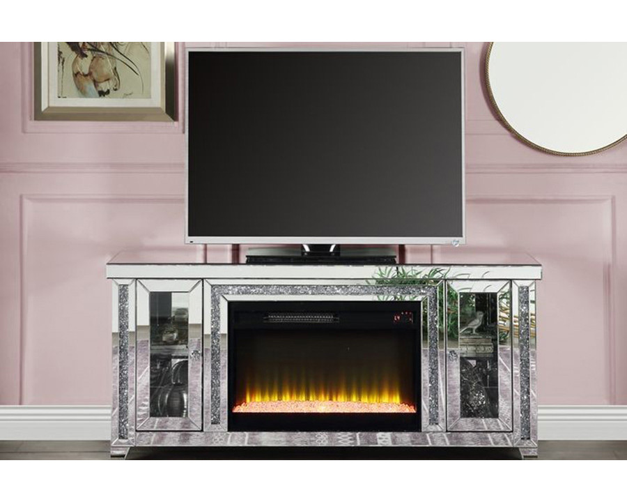 ACME - Noralie TV Stand with Fireplace & Led in Mirrored/Faux Diamonds (LV00315)