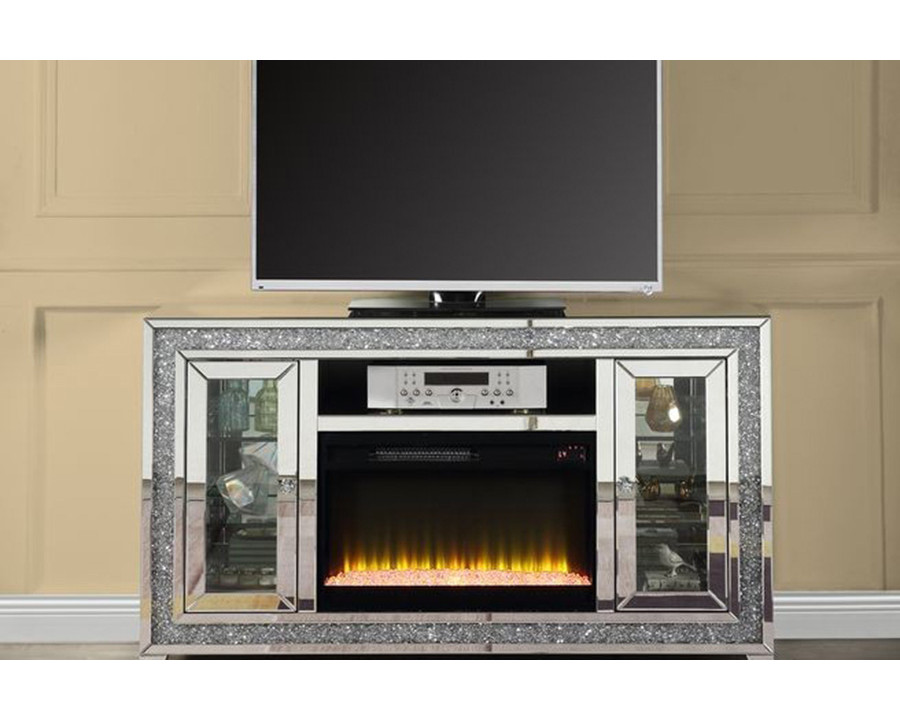 ACME - Noralie TV Stand with Fireplace & Led in Mirrored/Faux Diamonds (LV00316)