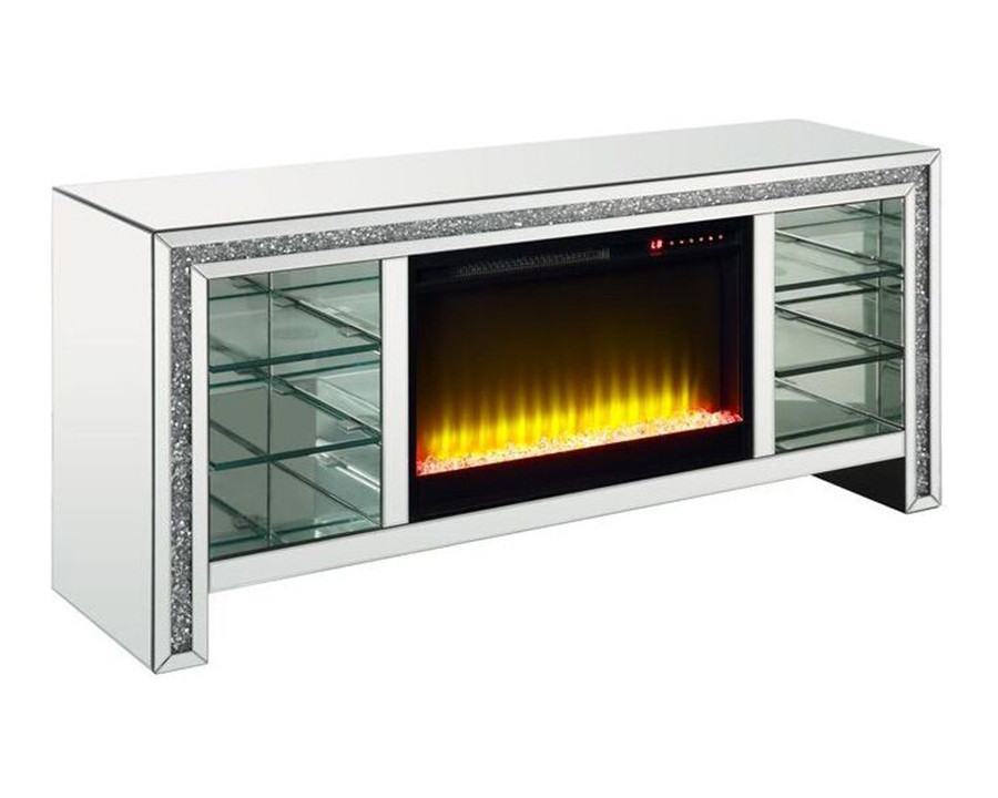 ACME - Noralie TV Stand with Fireplace & Led in Mirrored/Faux Diamonds (LV00317)